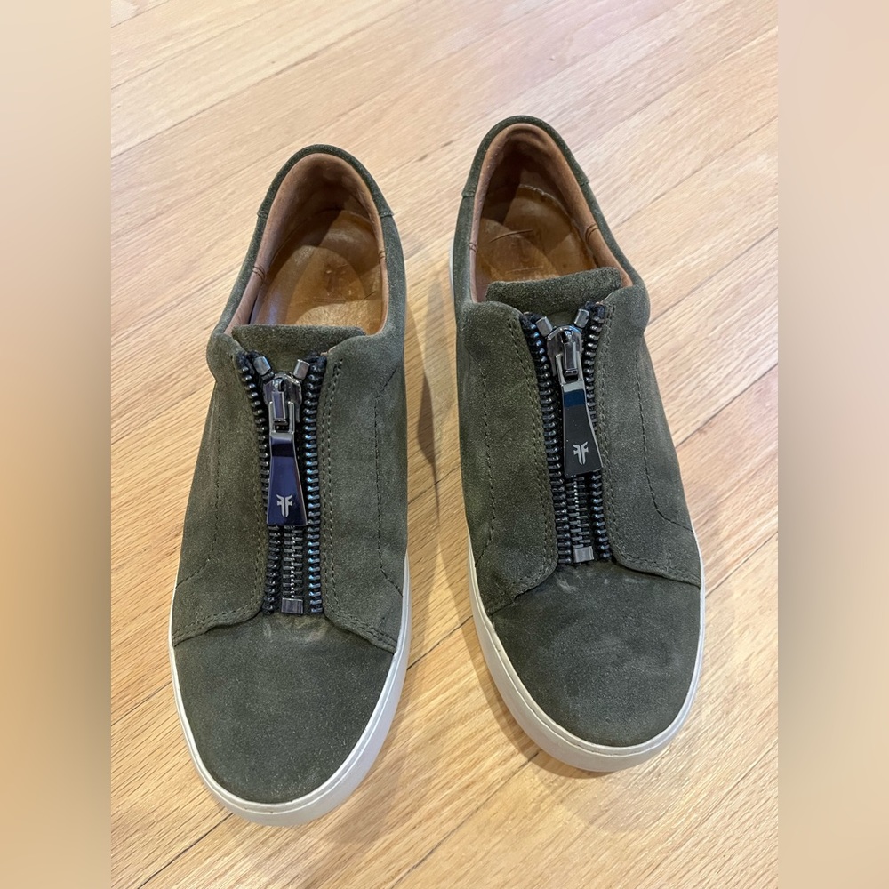 Frye zip up sneakers, olive suede.